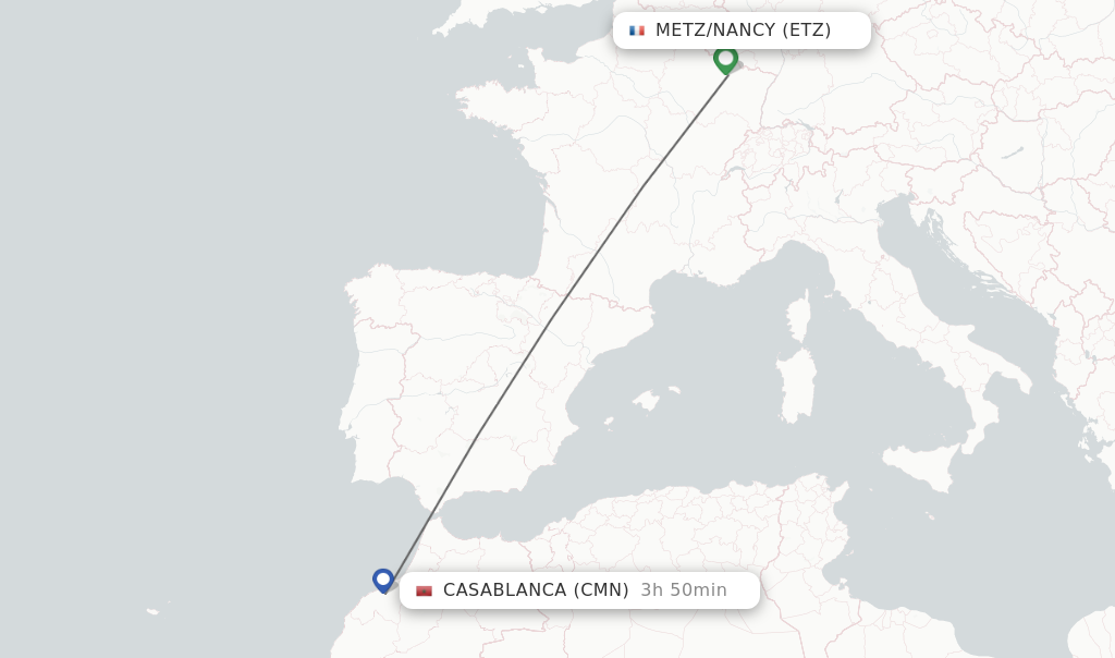 Flights from Metz/Nancy to Casablanca route map