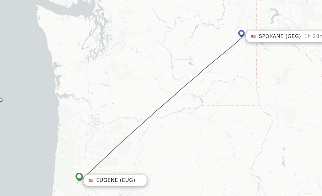 Flights from Eugene to Spokane route map