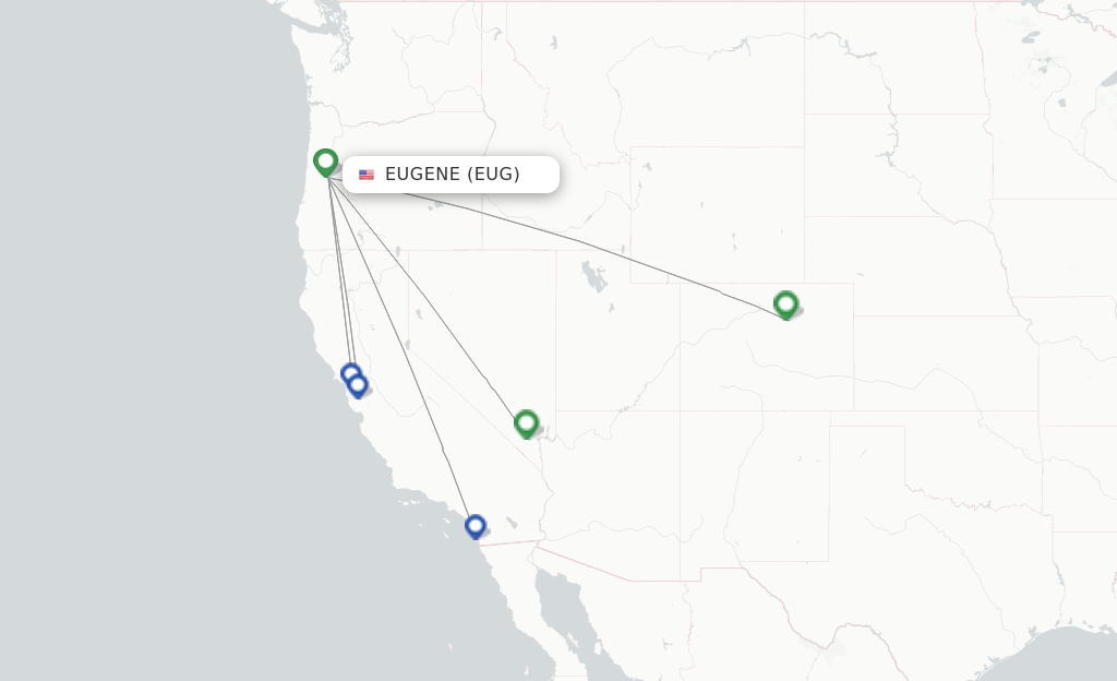 Route map with flights from Eugene with Southwest Airlines