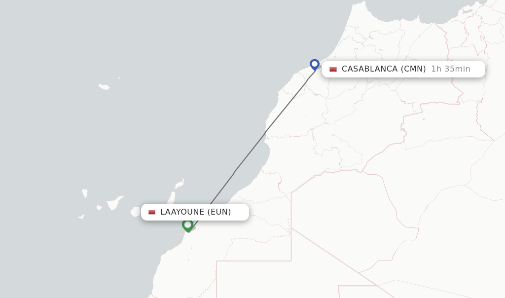 Flights from Laayoune to Casablanca route map