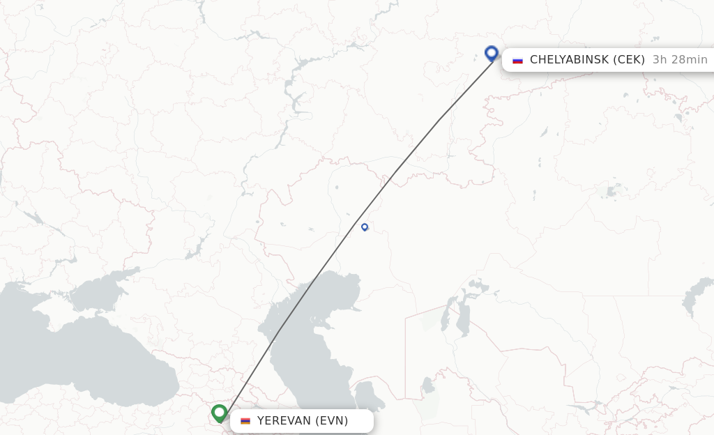 Flights from Yerevan to Chelyabinsk route map