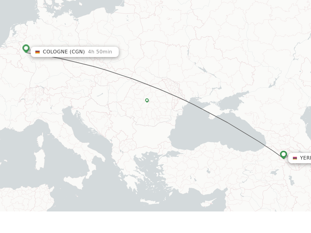 Flights from Yerevan to Cologne route map