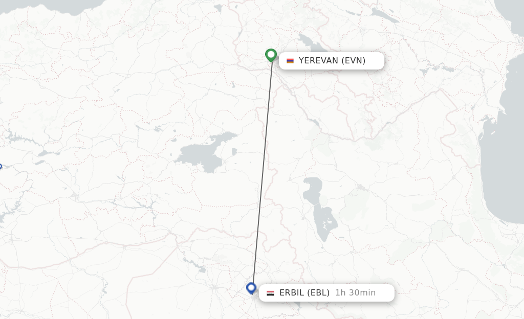 Flights from Yerevan to Erbil route map