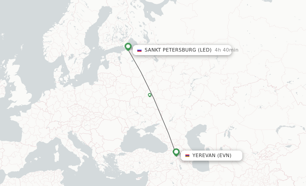 Flights from Yerevan to Saint Petersburg route map