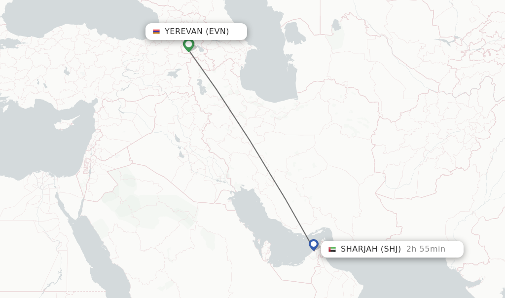 Flights from Yerevan to Sharjah route map