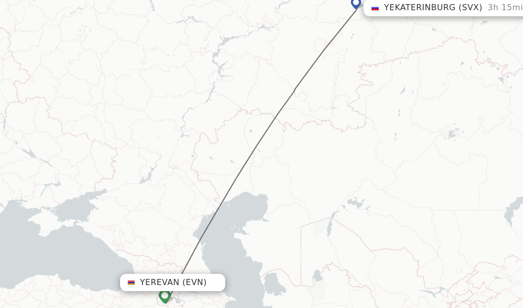 Flights from Yerevan to Yekaterinburg route map
