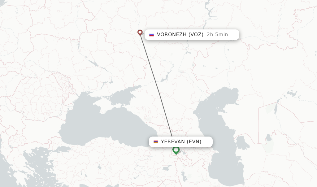 Flights from Yerevan to Voronezh route map
