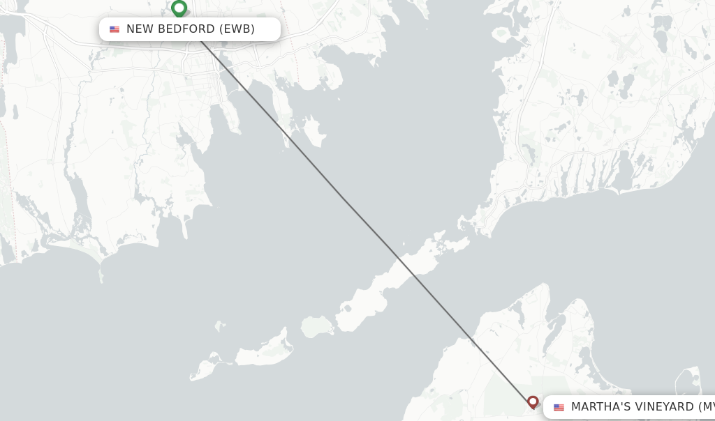 Flights from New Bedford to Martha's Vineyard route map