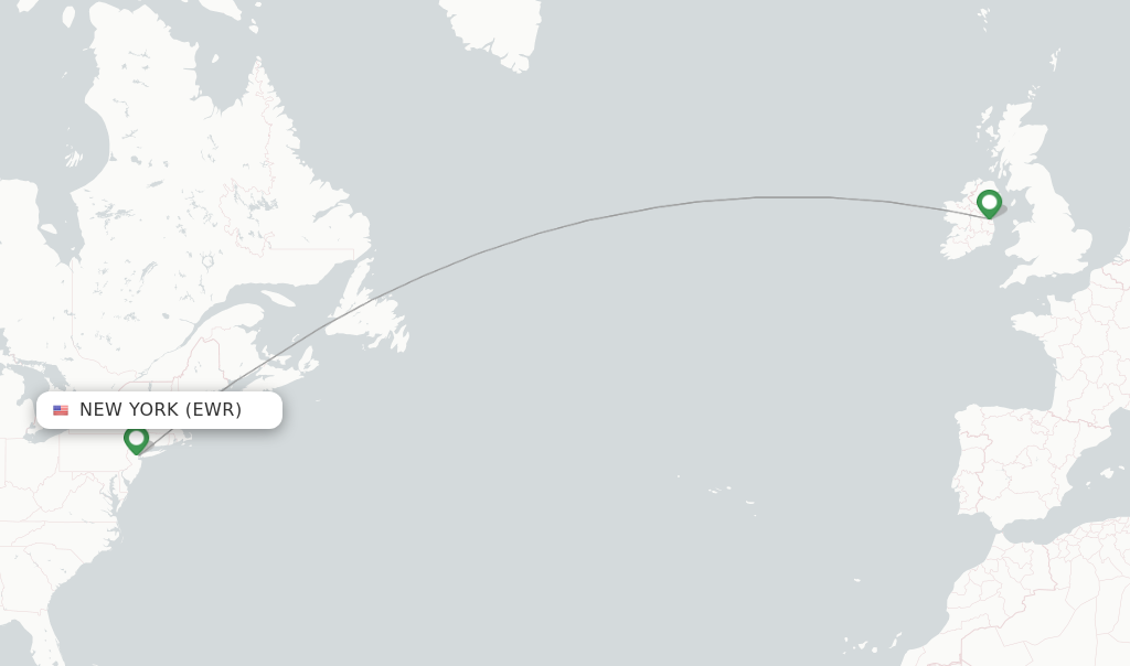 Route map with flights from New York with Aer Lingus