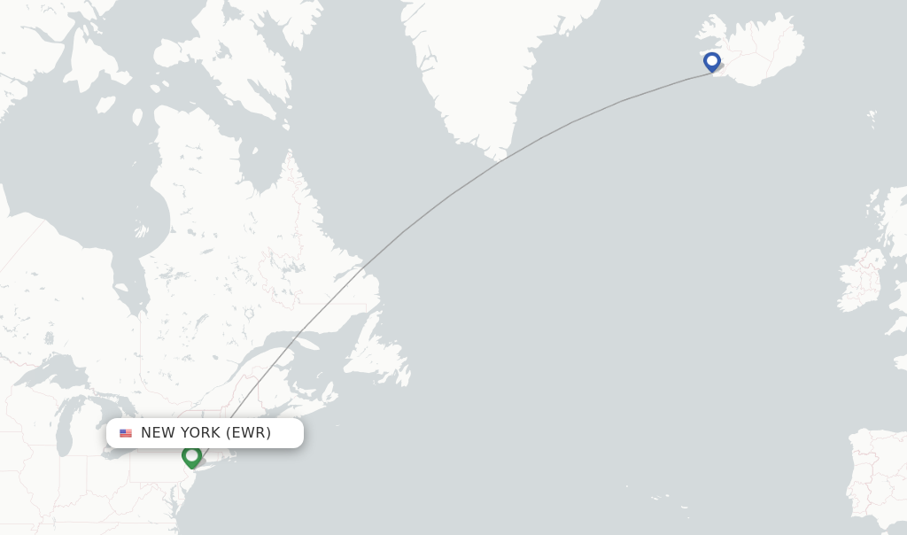 Route map with flights from New York with Icelandair