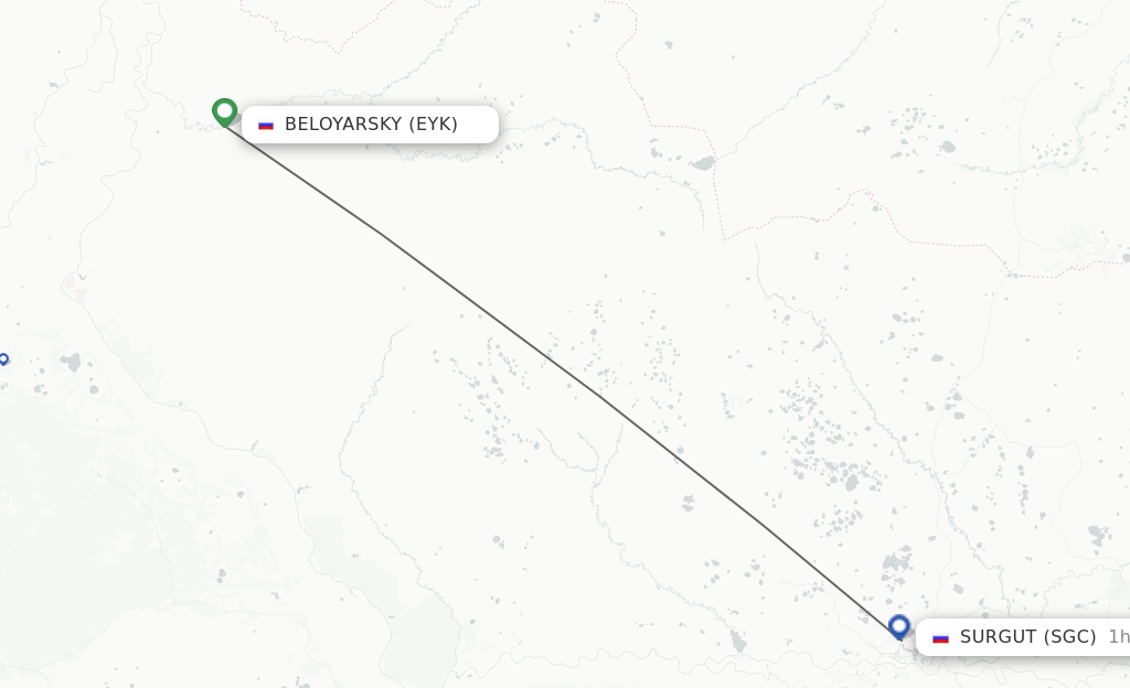 Flights from Beloyarsky to Surgut route map