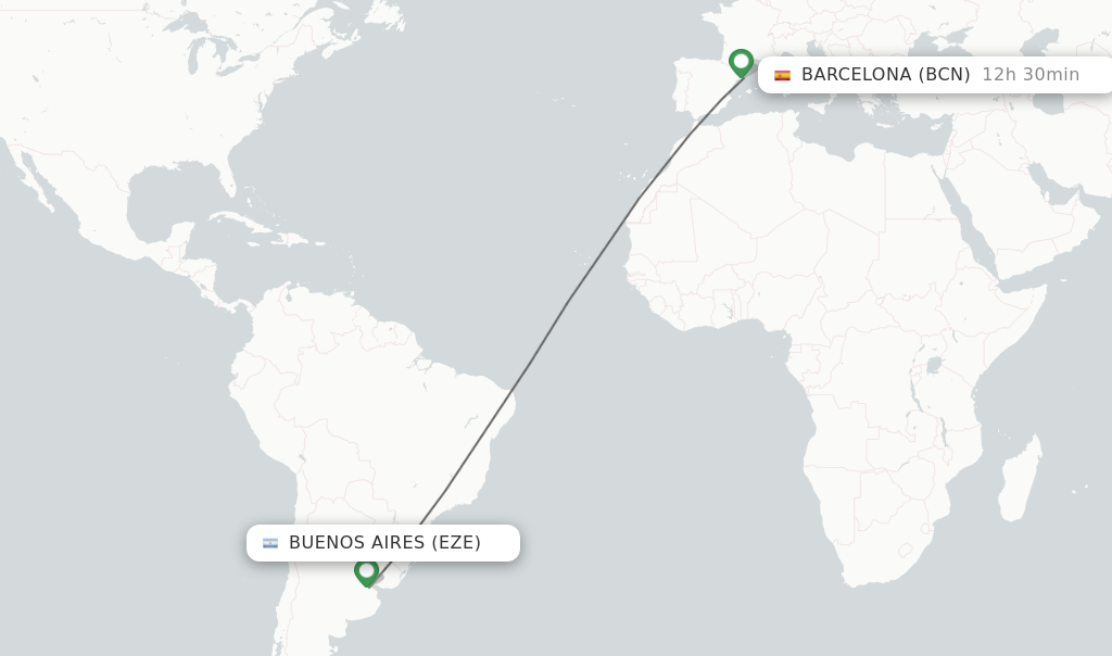 Flights from Buenos Aires to Barcelona route map