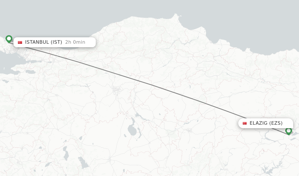 Flights from Elazig to Istanbul route map