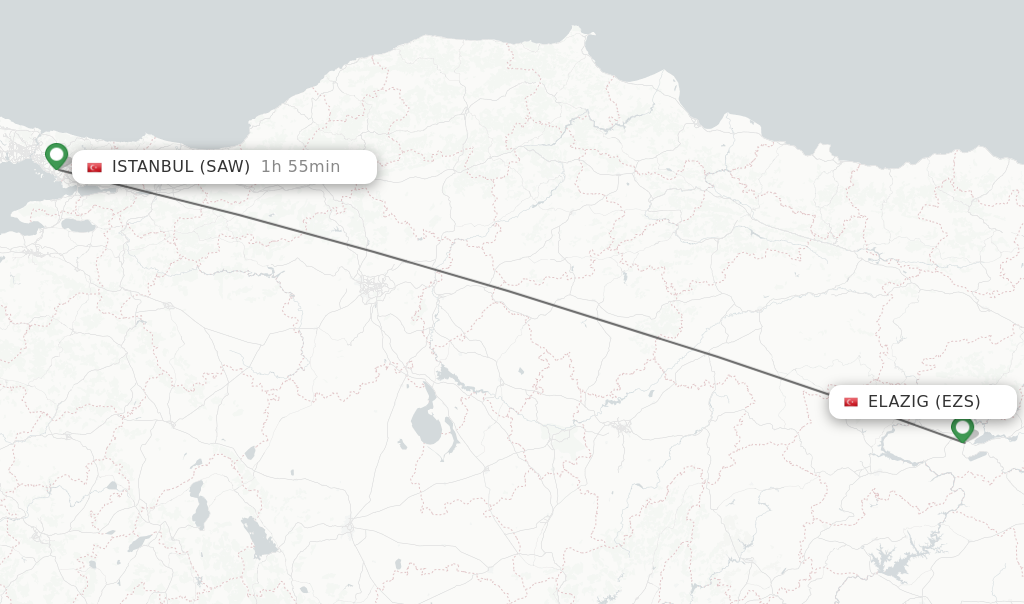 Flights from Elazig to Istanbul route map