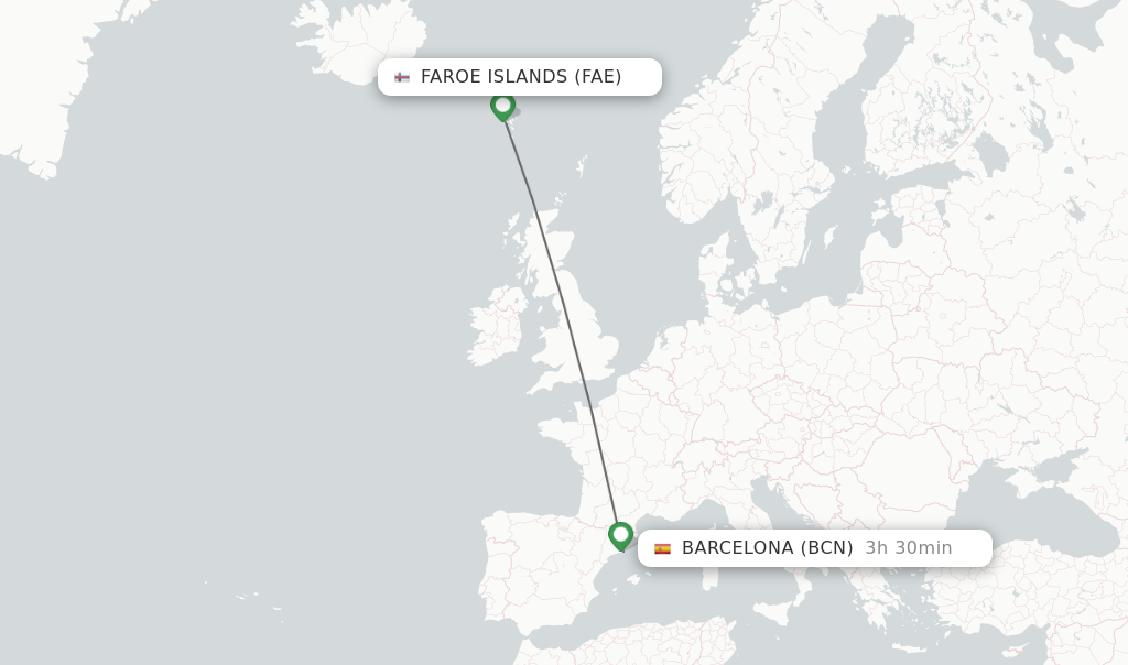 Flights from Faroe Islands to Barcelona route map