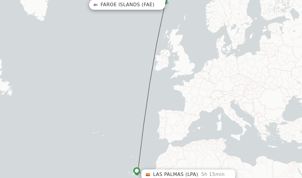 Flights from Faroe Islands to Las Palmas route map