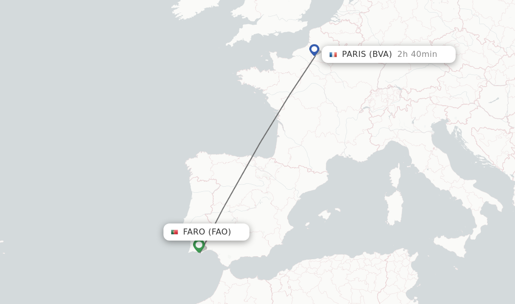 Flights from Faro to Paris route map