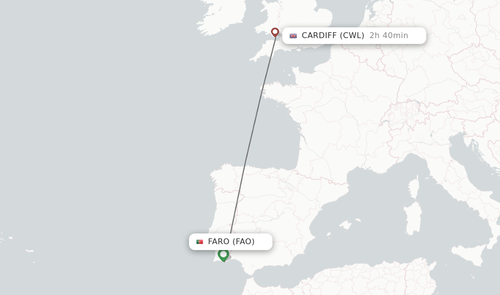 Flights from Faro to Cardiff route map