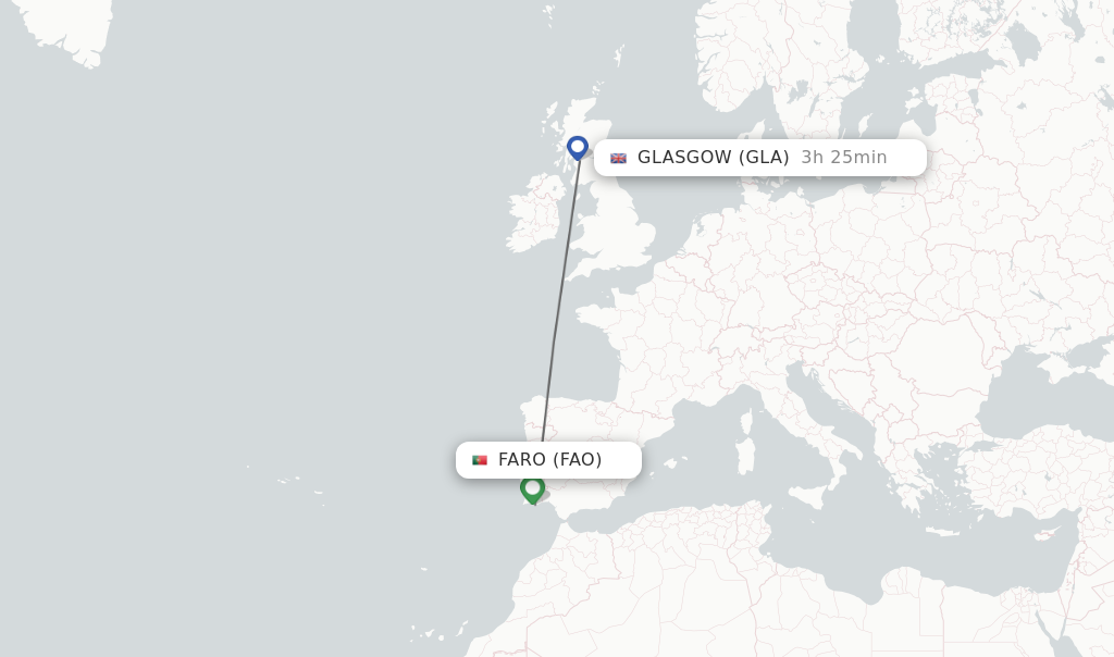 Flights from Faro to Glasgow route map