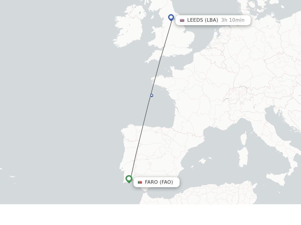 Flights from Faro to Leeds route map