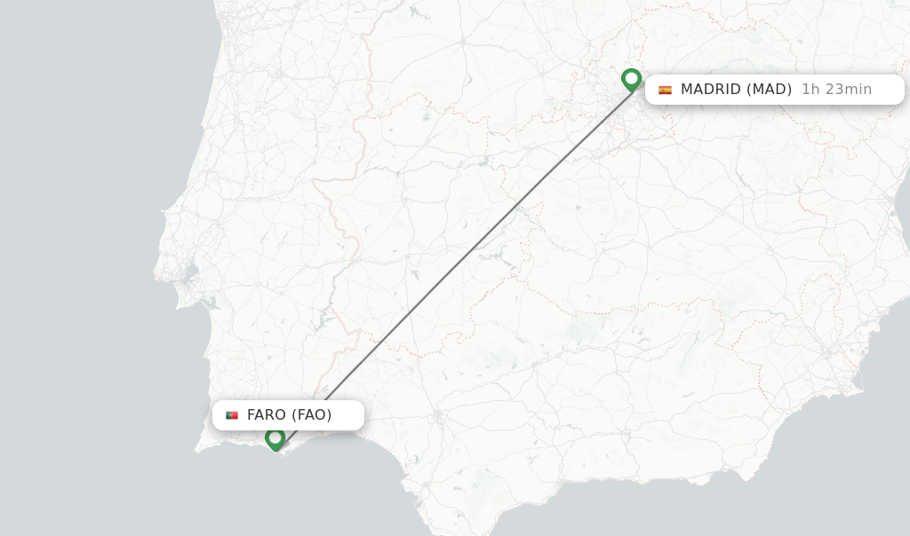 Flights from Faro to Madrid route map