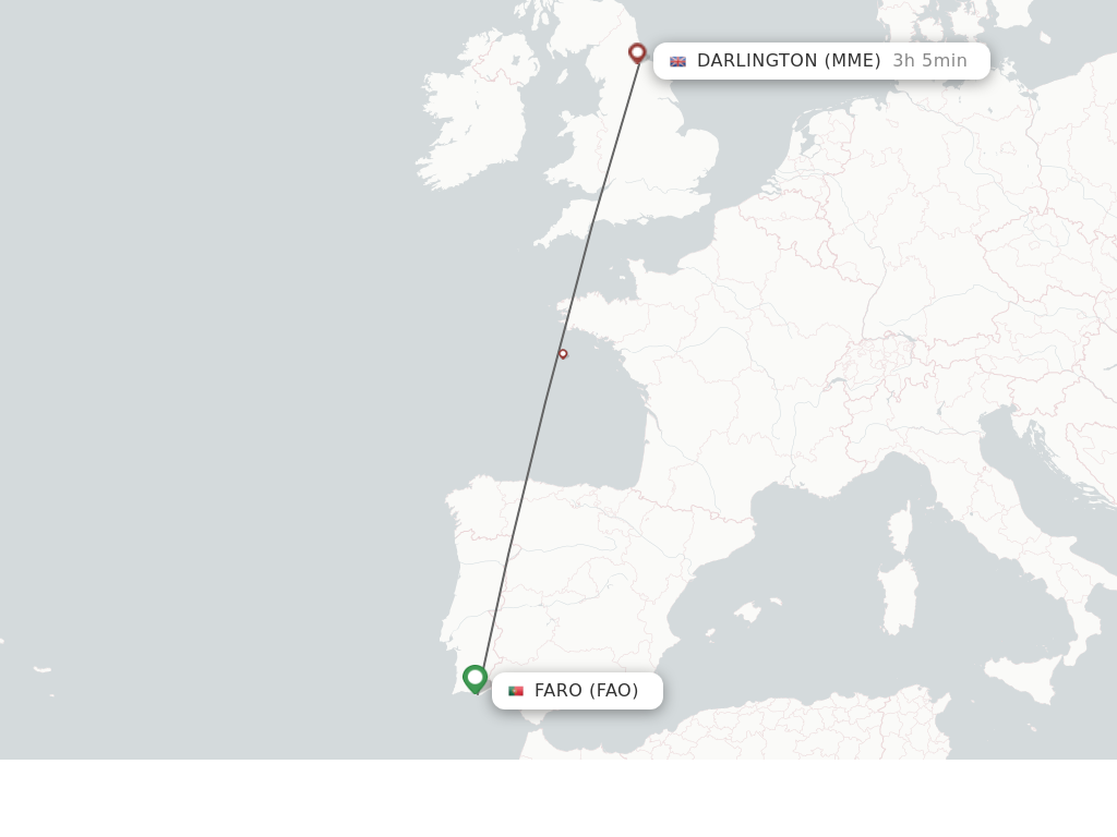Flights from Faro to Durham Tees Valley route map