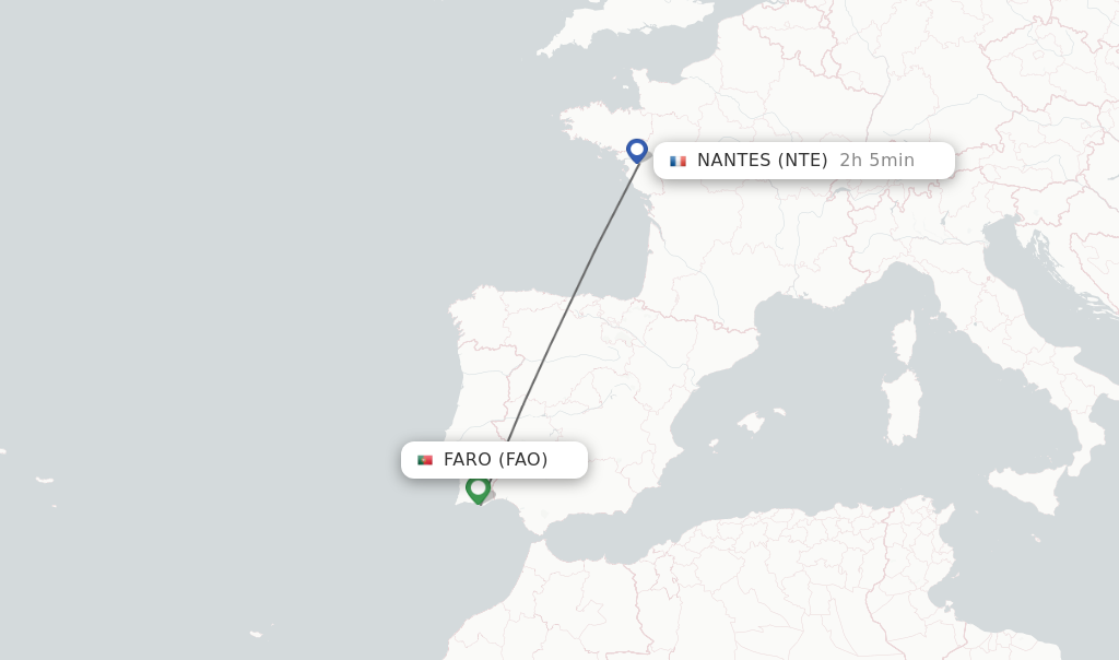 Flights from Faro to Nantes route map