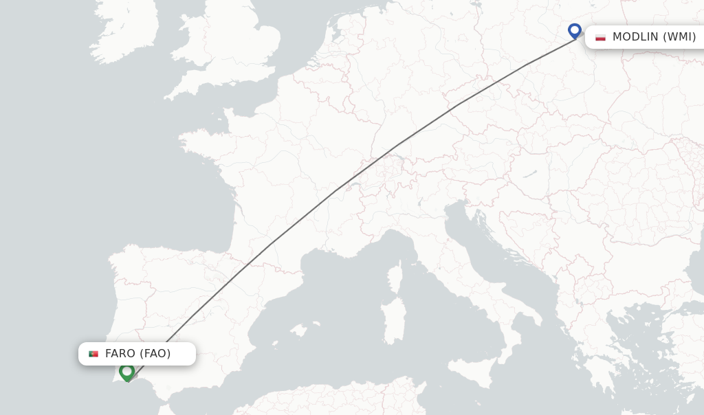 Flights from Faro to Modlin route map
