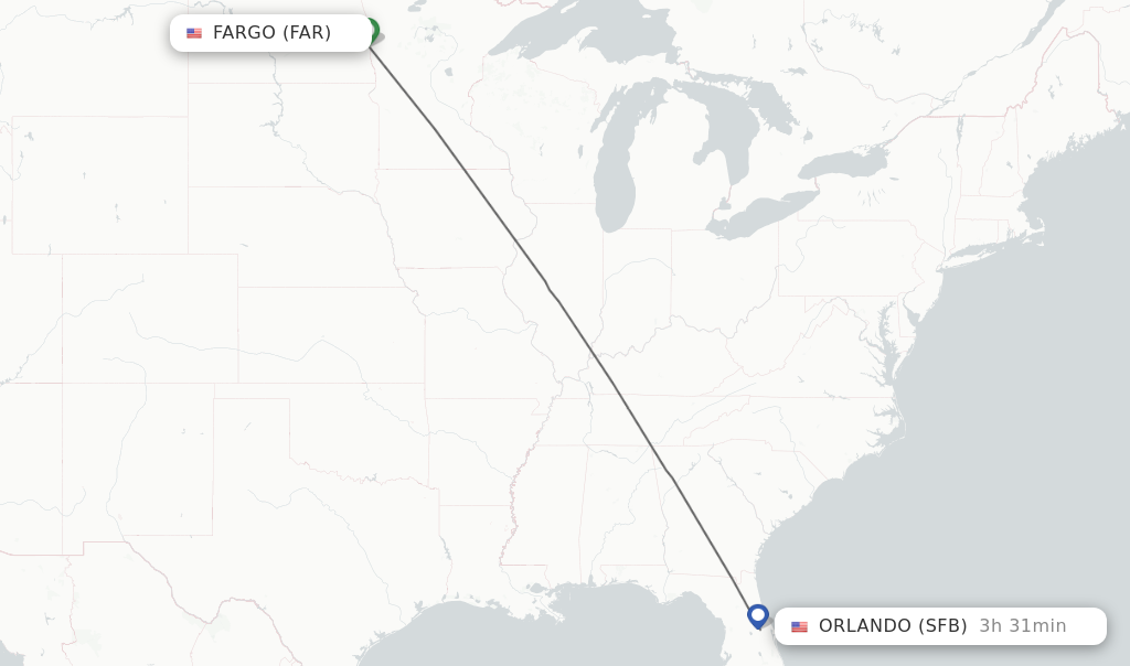 Flights from Fargo to Orlando route map