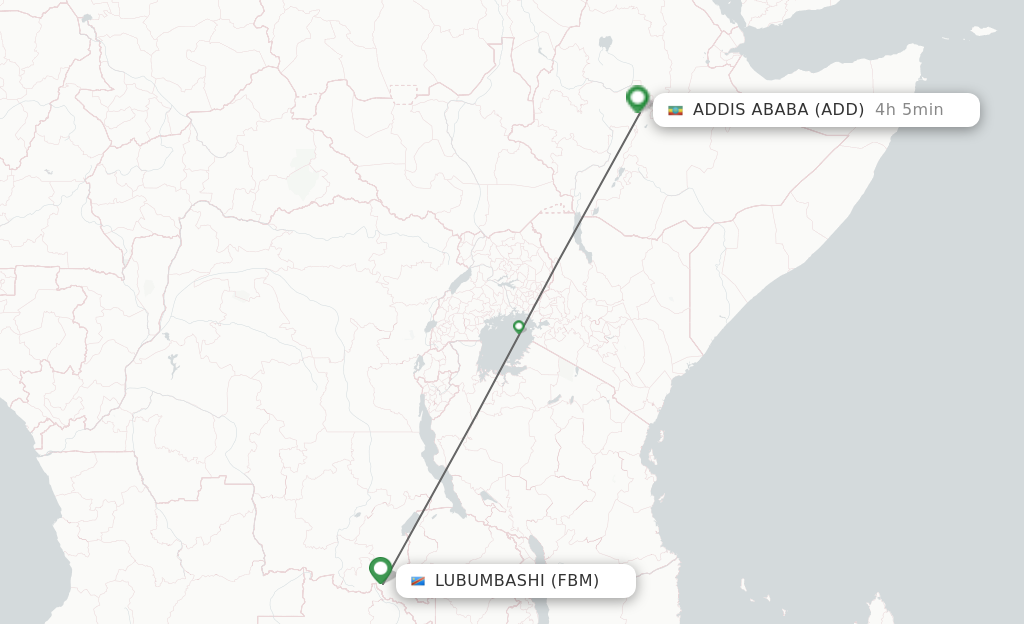 Flights from Lubumbashi to Addis Ababa route map