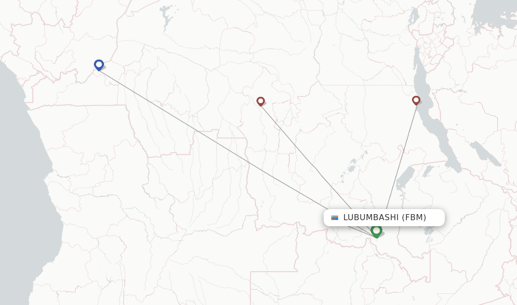 Route map with flights from Lubumbashi with flyCAA