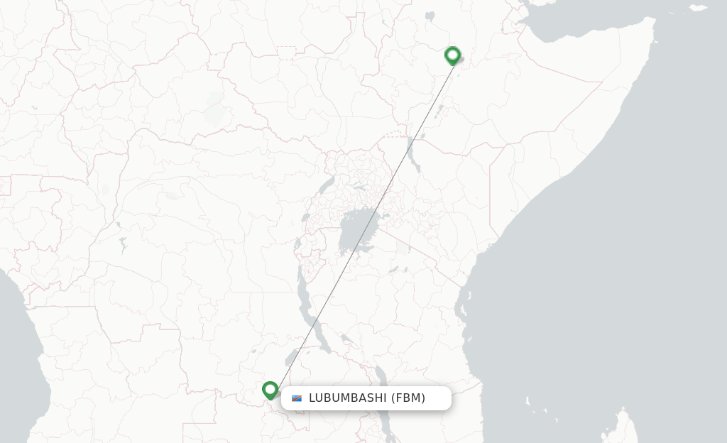 Route map with flights from Lubumbashi with Ethiopian