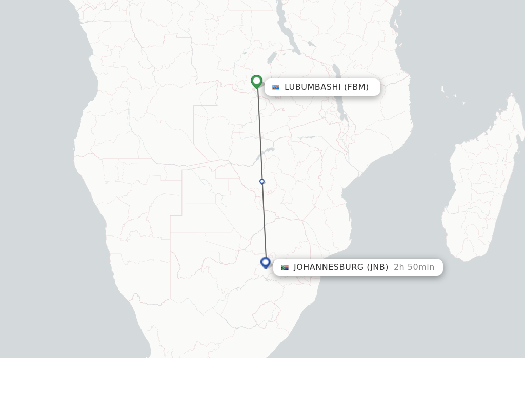 Flights from Lubumbashi to Johannesburg route map
