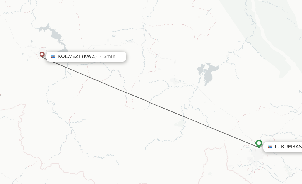 Flights from Lubumbashi to Kolwezi route map