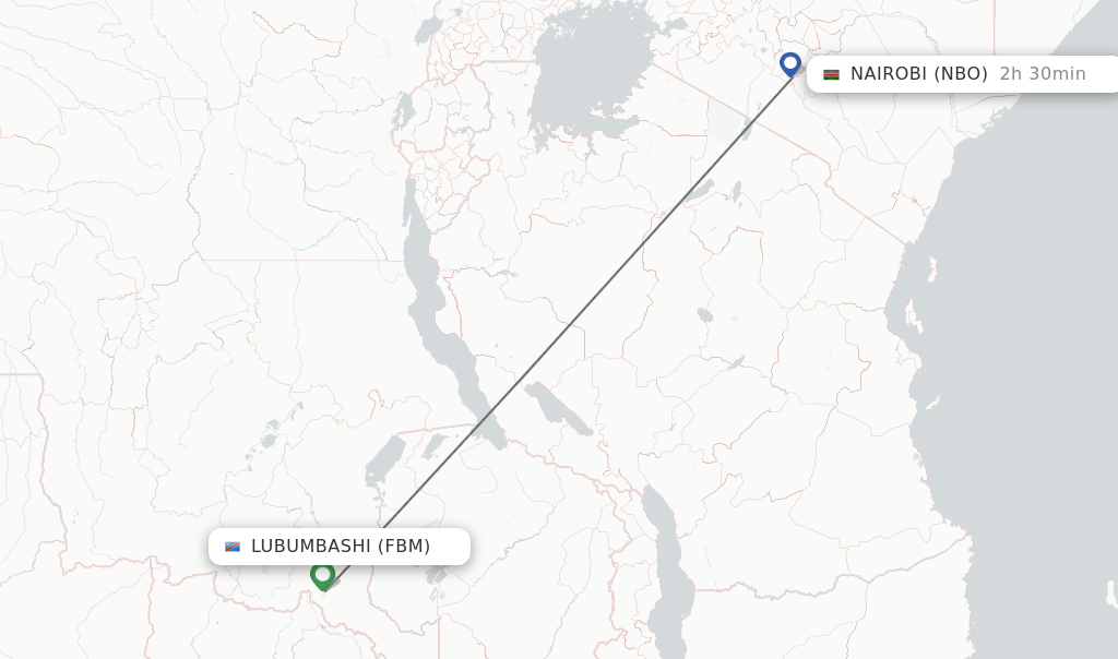 Flights from Lubumbashi to Nairobi route map
