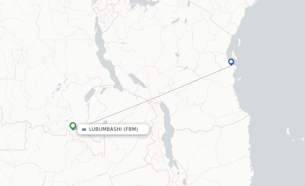 Route map with flights from Lubumbashi with Air Tanzania