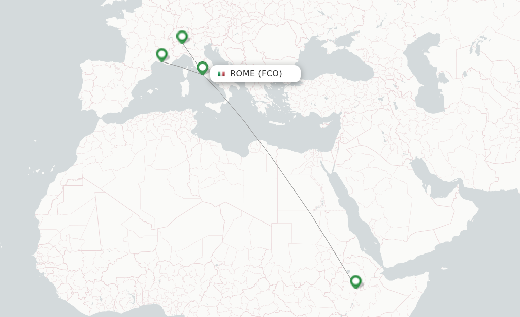 Route map with flights from Rome with Ethiopian