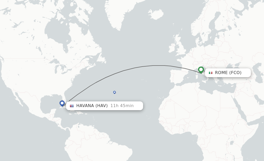 Flights from Rome to Havana route map