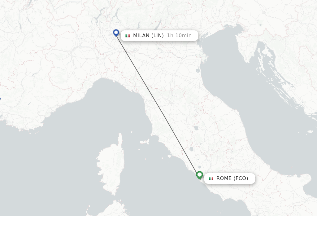 Flights from Rome to Milan route map