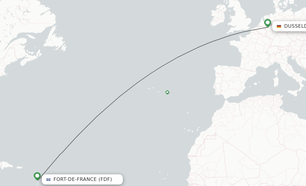 Flights from Fort De France to Dusseldorf route map