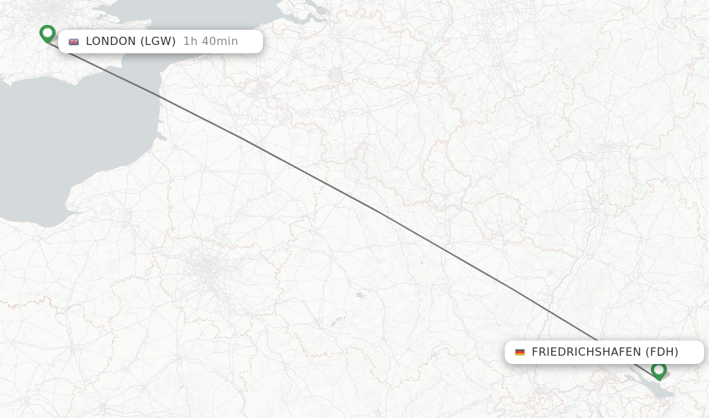 Flights from Friedrichshafen to London route map