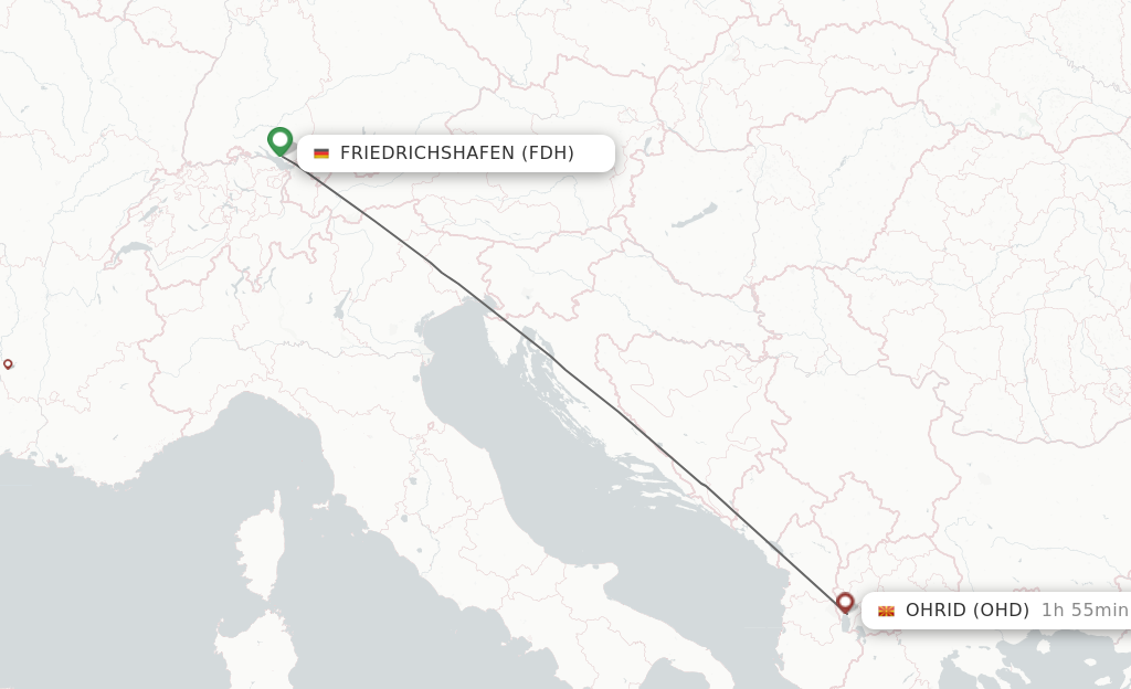 Flights from Friedrichshafen to Ohrid route map