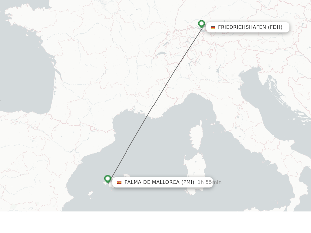 Flights from Friedrichshafen to Palma De Mallorca route map