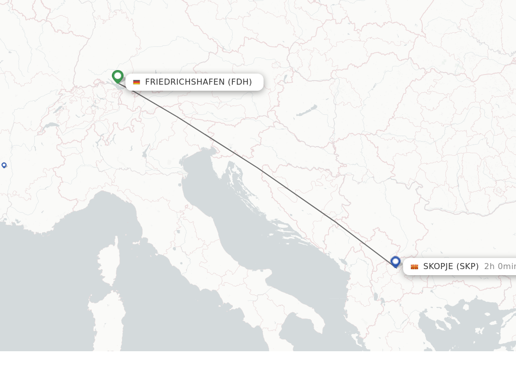Flights from Friedrichshafen to Skopje route map