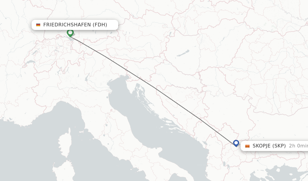 Flights from Friedrichshafen to Skopje route map