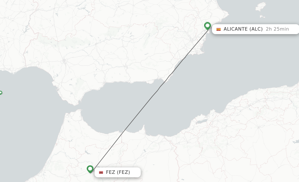 Flights from Fes to Alicante route map