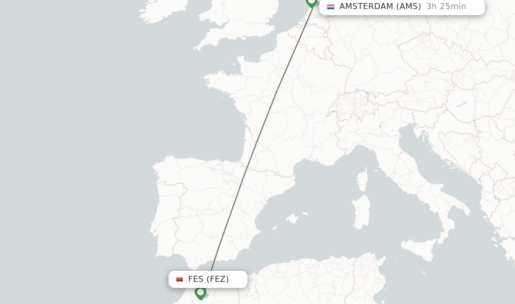 Flights from Fes to Amsterdam route map