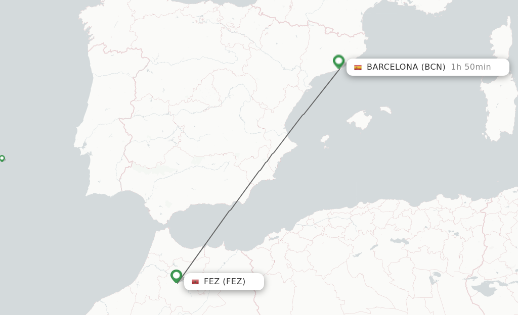 Flights from Fez to Barcelona route map