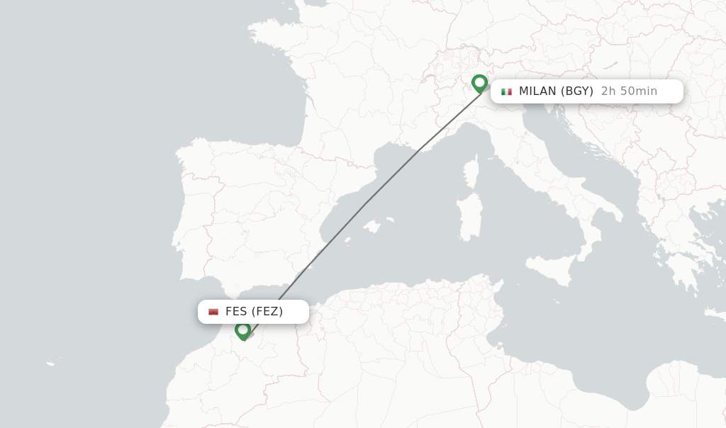 Flights from Fes to Milan route map
