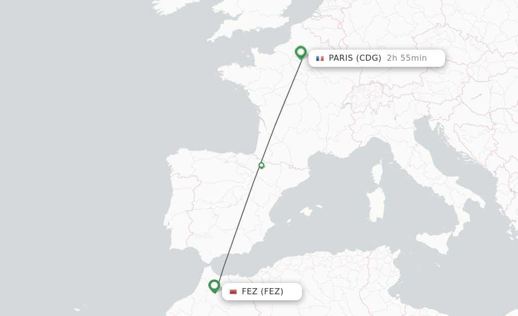 Flights from Fez to Paris route map